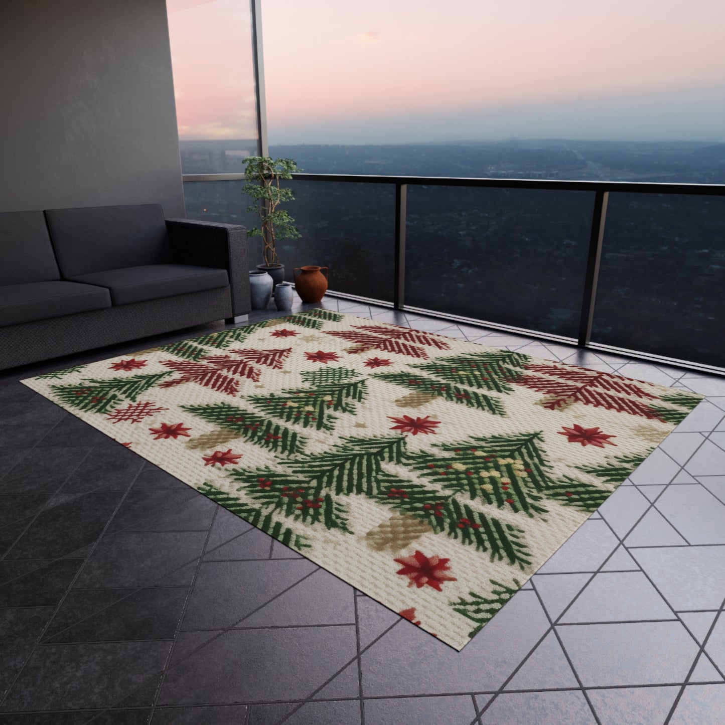 Embroidered Christmas Winter, Festive Holiday Stitching, Classic Seasonal Design - Outdoor Rug