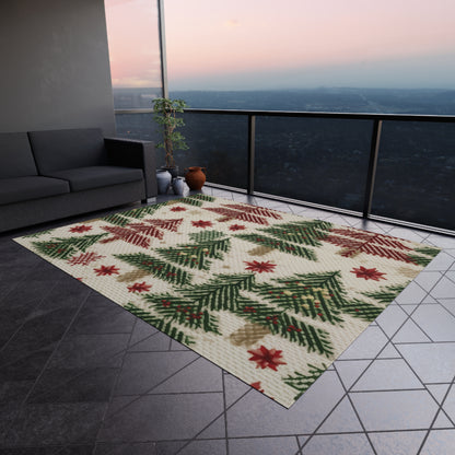 Embroidered Christmas Winter, Festive Holiday Stitching, Classic Seasonal Design - Outdoor Rug