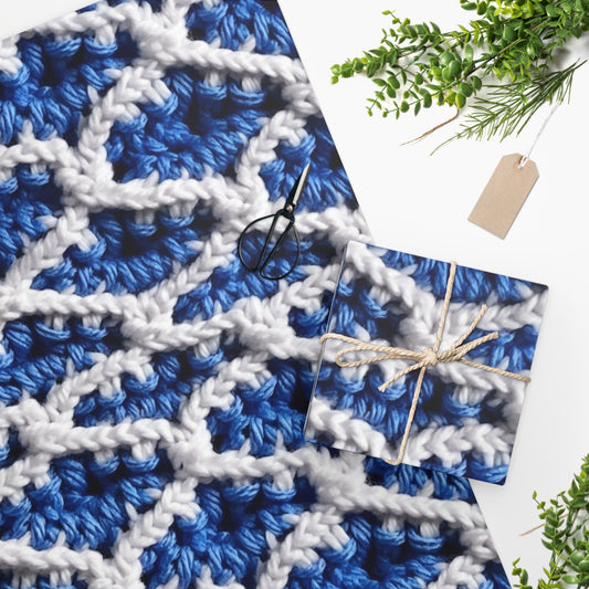 Blueberry Blue Crochet, White Accents, Classic Textured Pattern - Wrapping Paper