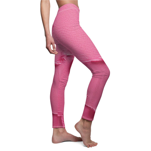 Distressed Neon Pink: Edgy, Ripped Denim-Inspired Doll Fabric - Women's Cut & Sew Casual Leggings (AOP)
