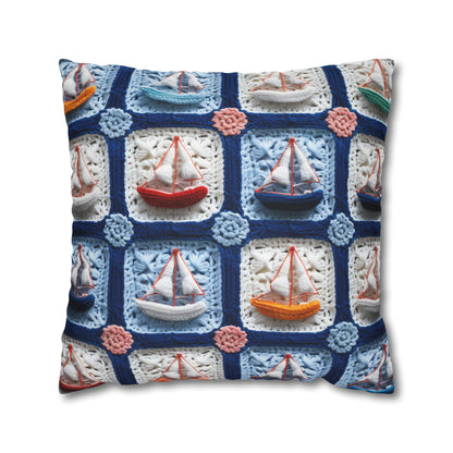 Crochet Boat Ship Sea Vessel Ocean Beach Travel Yacht Design - Spun Polyester Square Pillow Case