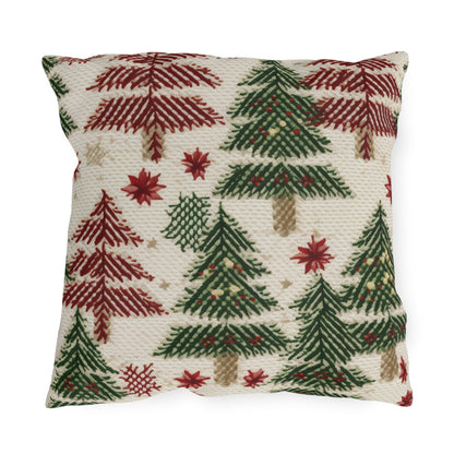 Embroidered Christmas Winter, Festive Holiday Stitching, Classic Seasonal Design - Outdoor Pillows