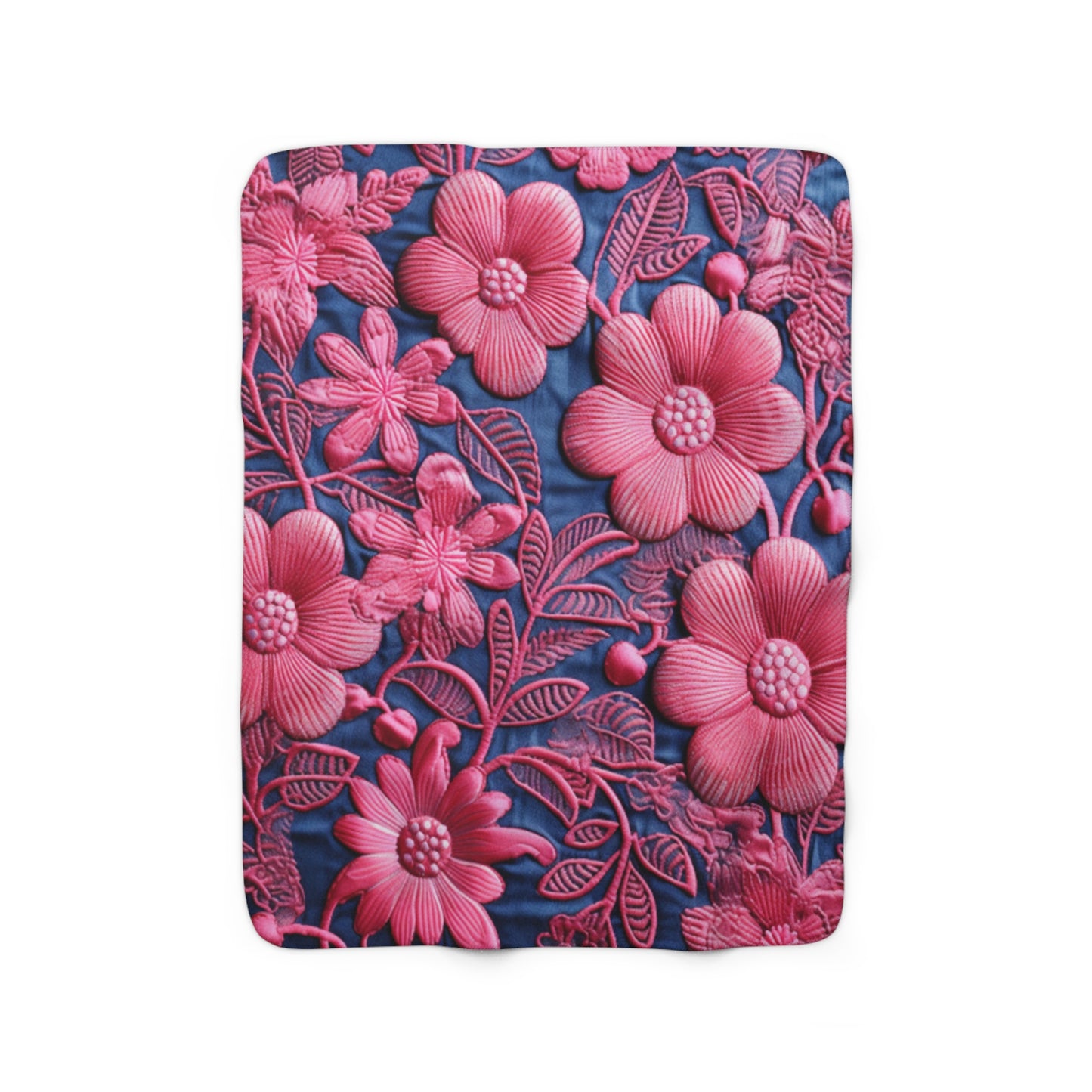 Denim Blue Doll Pink Floral Embroidery Style Fabric Flowers - Sherpa Fleece Blanket