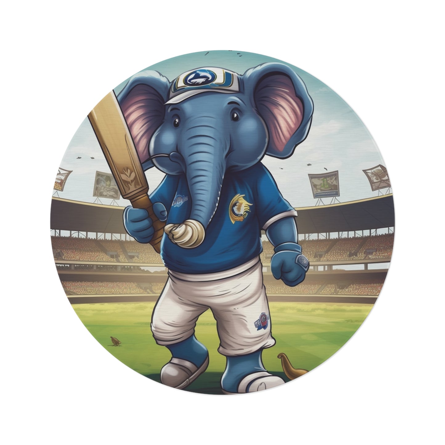 India Elephant Cricket Sport Star: Pitch, Run, Stump Game - Animated Charm - Round Rug