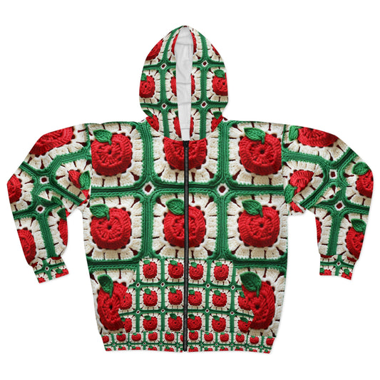 Apple Granny Square Crochet Pattern: Wild Fruit Tree, Delicious Red Design - Unisex Zip Hoodie (AOP)