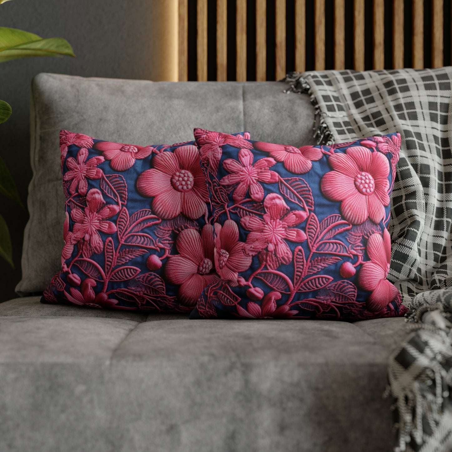 Denim Blue Doll Pink Floral Embroidery Style Fabric Flowers - Spun Polyester Square Pillow Case