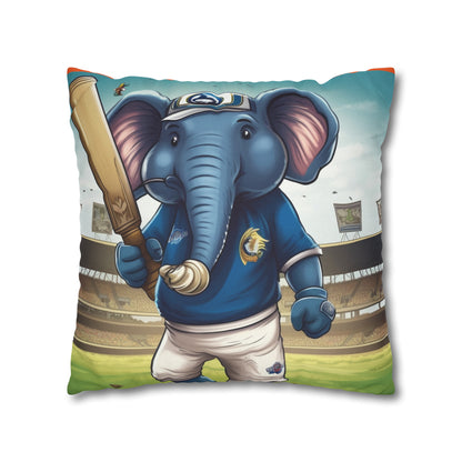 India Elephant Cricket Sport Star: Pitch, Run, Stump Game - Animated Charm - Spun Polyester Square Pillow Case