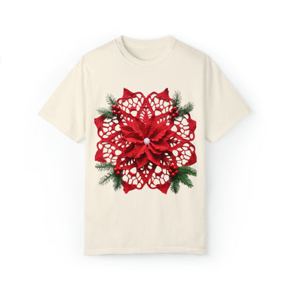 Red Crochet Poinsettia: Festive Christmas Lace with Holly - Unisex Garment-Dyed T-shirt