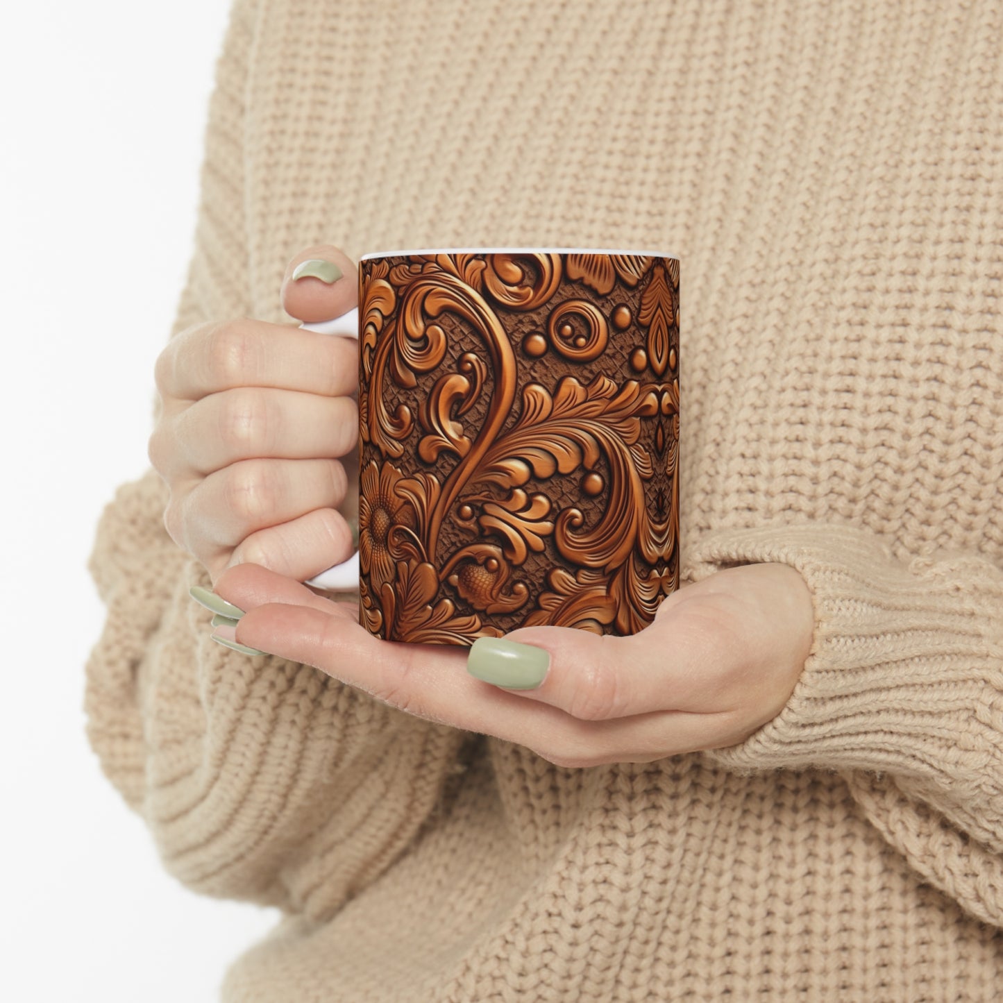 Leather Flower Cognac Classic Brown Timeless American Cowboy Design - Ceramic Mug 11oz