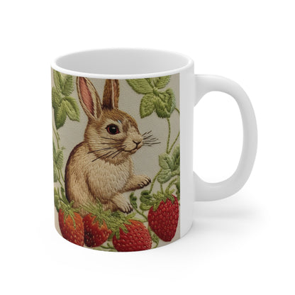 Strawberry Bunny Rabit - Embroidery Style - Strawberries Fruit Munchies - Easter Gift - Ceramic Mug 11oz