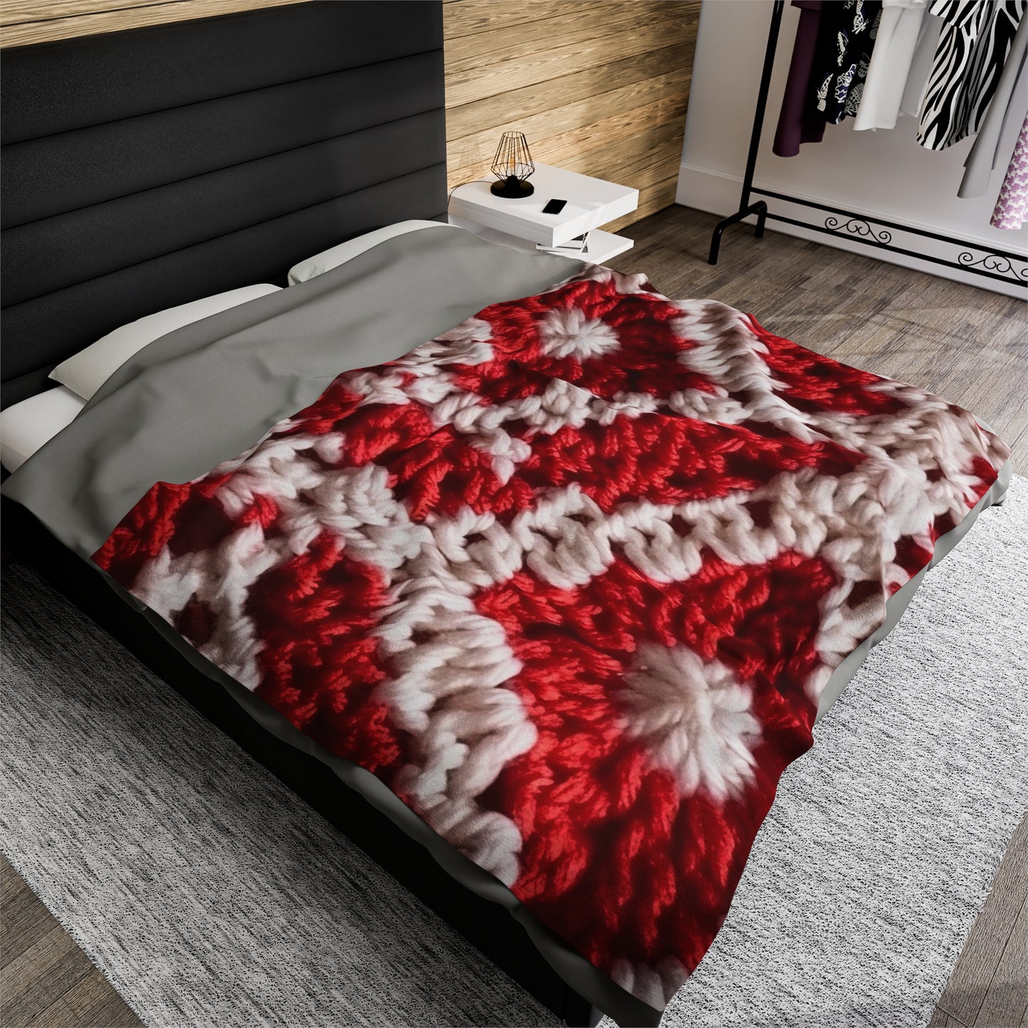 Warm Winter Red & White Crochet Knit: Cinematic Chic Texture Design - Velveteen Plush Blanket