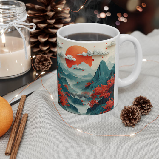 Arte de papel, montañas, nubes, árboles, estilo de pintura antigua china, Taza de cerámica de 11 oz