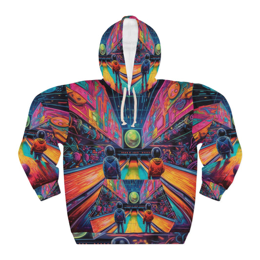 Trippy Bowling Alley: Retro-Futuristic Pin Strike Zone - Unisex Pullover Hoodie (AOP)