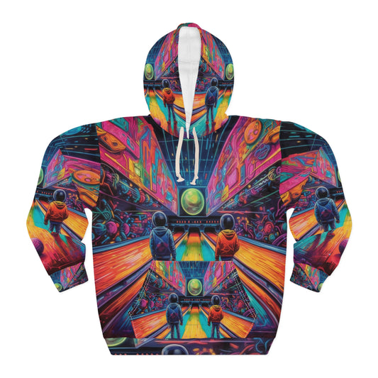 Trippy Bowling Alley: Retro-Futuristic Pin Strike Zone - Sudadera con capucha unisex (AOP) 