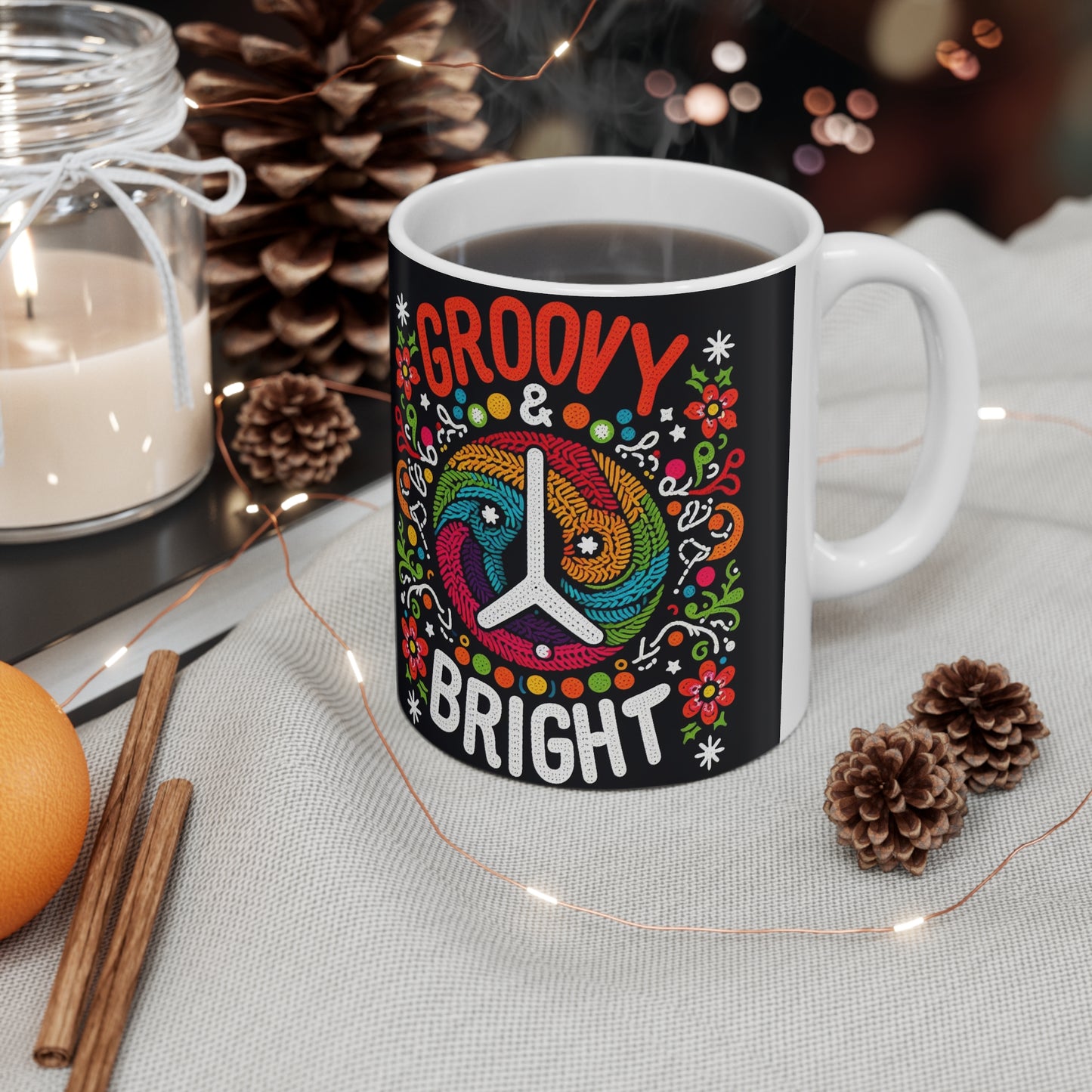 Vibraciones festivas maravillosas y brillantes - Signo de la paz estilo bordado colorido con detalles florales - Taza de cerámica 11oz