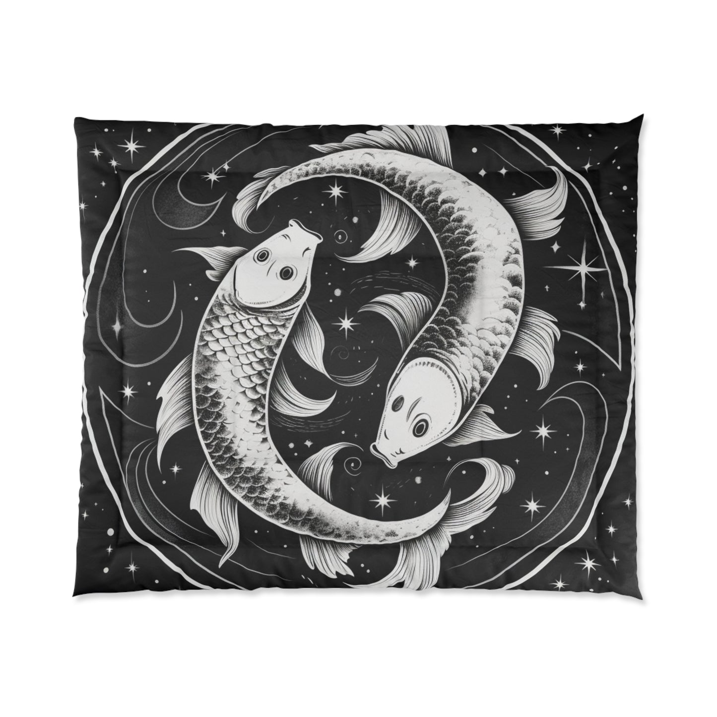 Manta acogedora de edredón Piscis, 100% poliéster, diseño de peces en blanco y negro, estampado a una cara 