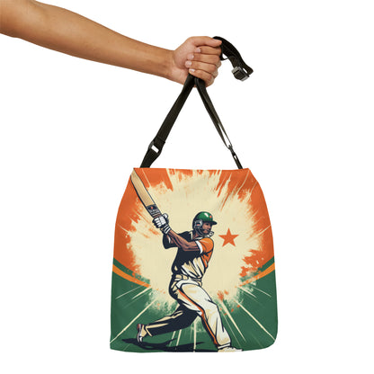 India Cricket Star: Batsman With Willow Bat, National Flag Style - Sport Game - Adjustable Tote Bag (AOP)