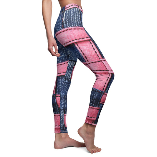 Crossover de rayas color caramelo: cintas de mezclilla rosa bailando en un escenario azul - Leggings casuales de corte y costura para mujer (AOP) 