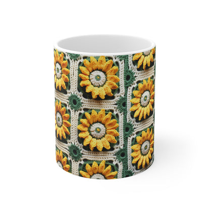 Elegancia de crochet de girasol, diseño Granny Square, motivo floral radiante. Lleva la calidez de los girasoles a tu espacio - Taza de cerámica 11oz 