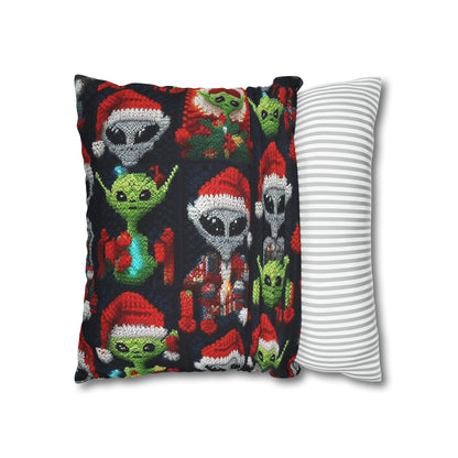 Festive Alien Invasion: Intergalactic Christmas Holiday Cheer with Santa Hats and Seasonal Gifts Crochet Pattern - Spun Polyester Square Pillow Case