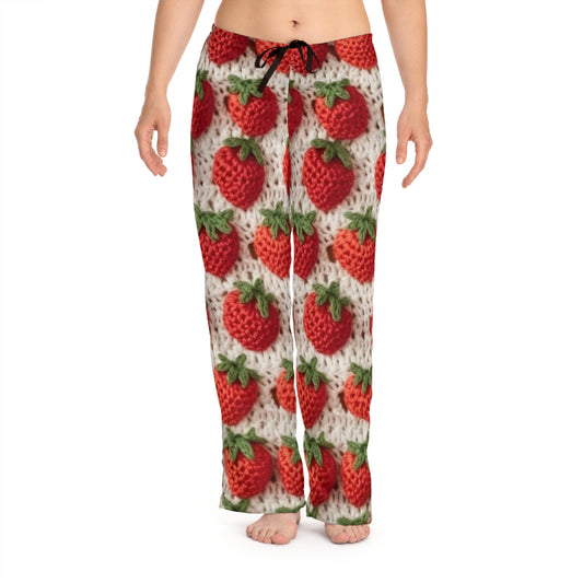 Strawberry Traditional Japanese, Crochet Craft, Fruit Design, Red Berry Pattern - Women's Pajama Pants (AOP)