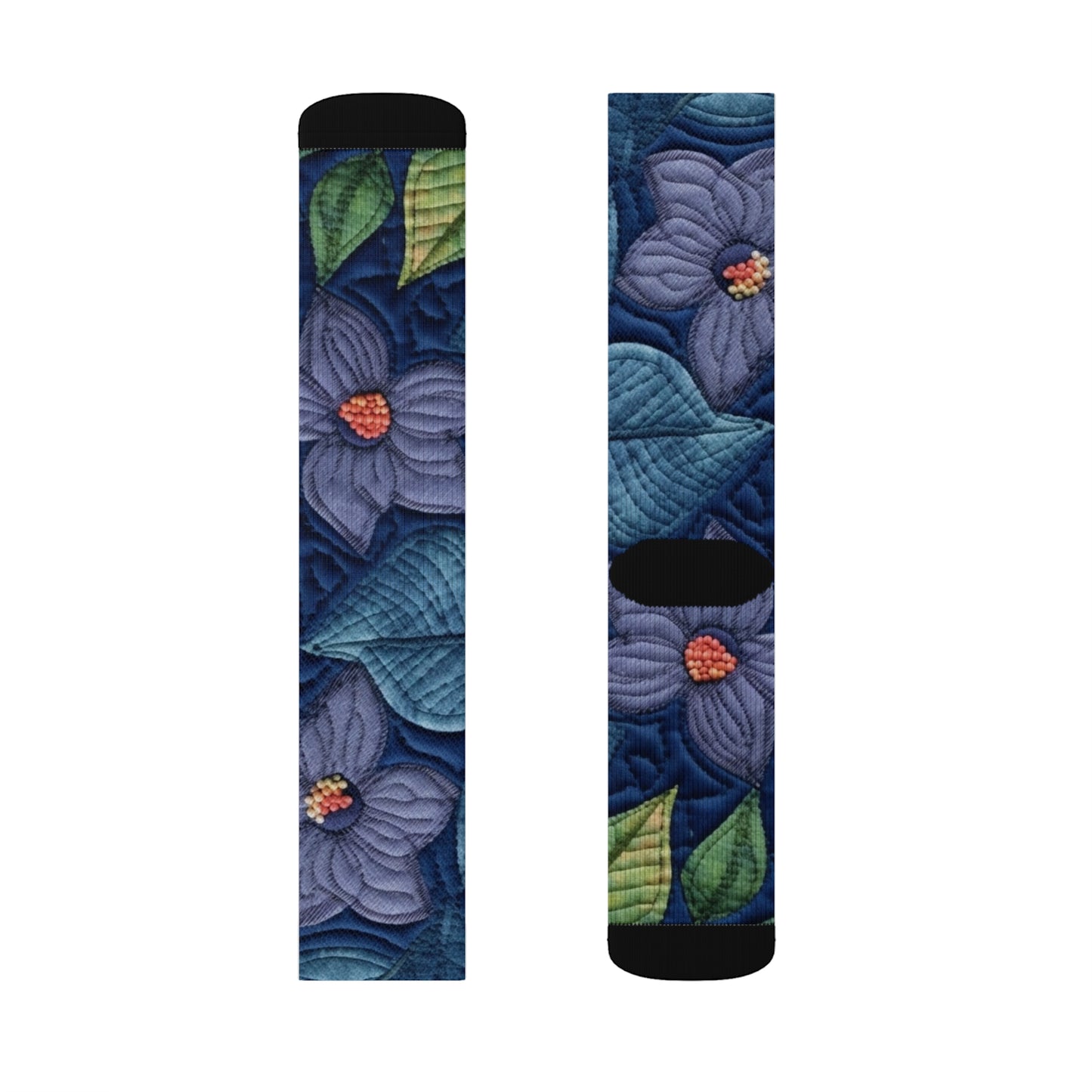 Floral Embroidery Blue: Denim-Inspired, Artisan-Crafted Flower Design - Sublimation Socks