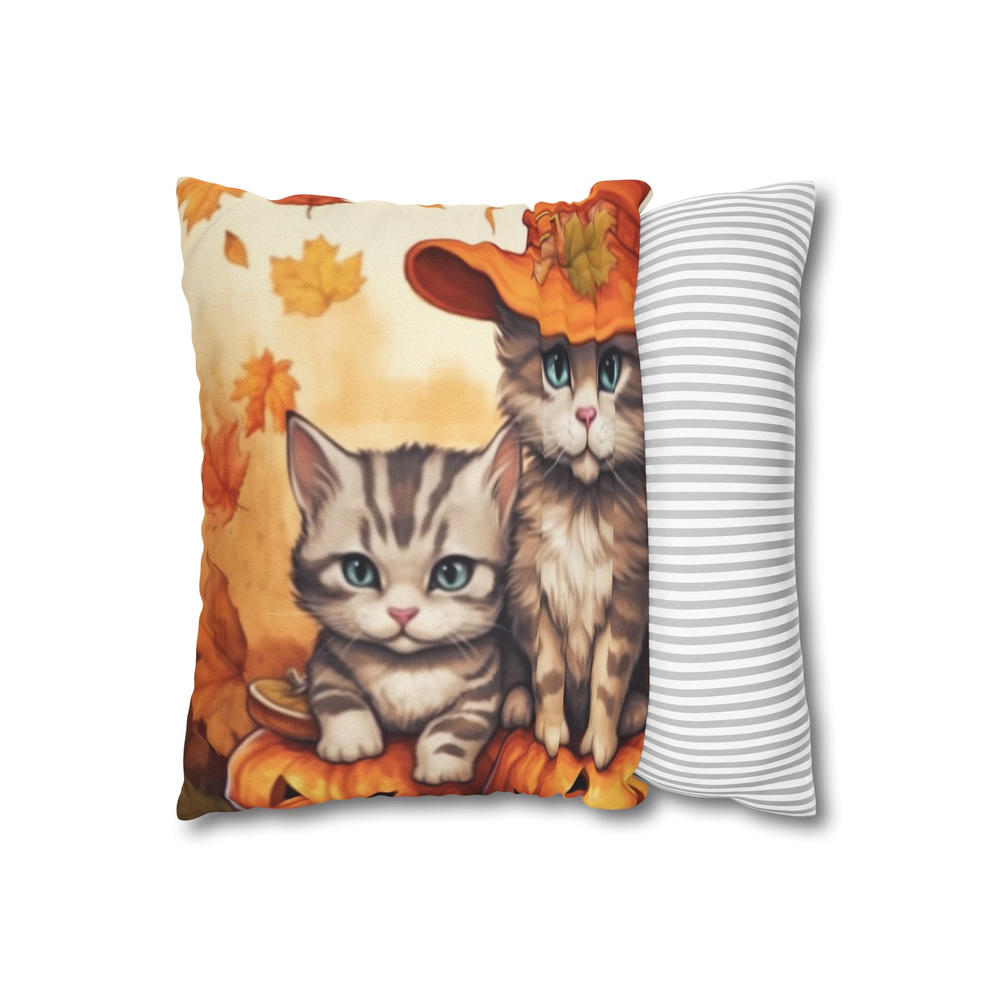 Kitty Cat Kittens Halloween - Cute Furries on Pumpkin - Festive Feline Decor - Spun Polyester Square Pillow Case