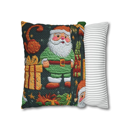 Papá Noel navideño - Regalos bordados - País de las maravillas invernal festivo - Diseño Deck the Halls - Funda de almohada cuadrada de poliéster hilado 