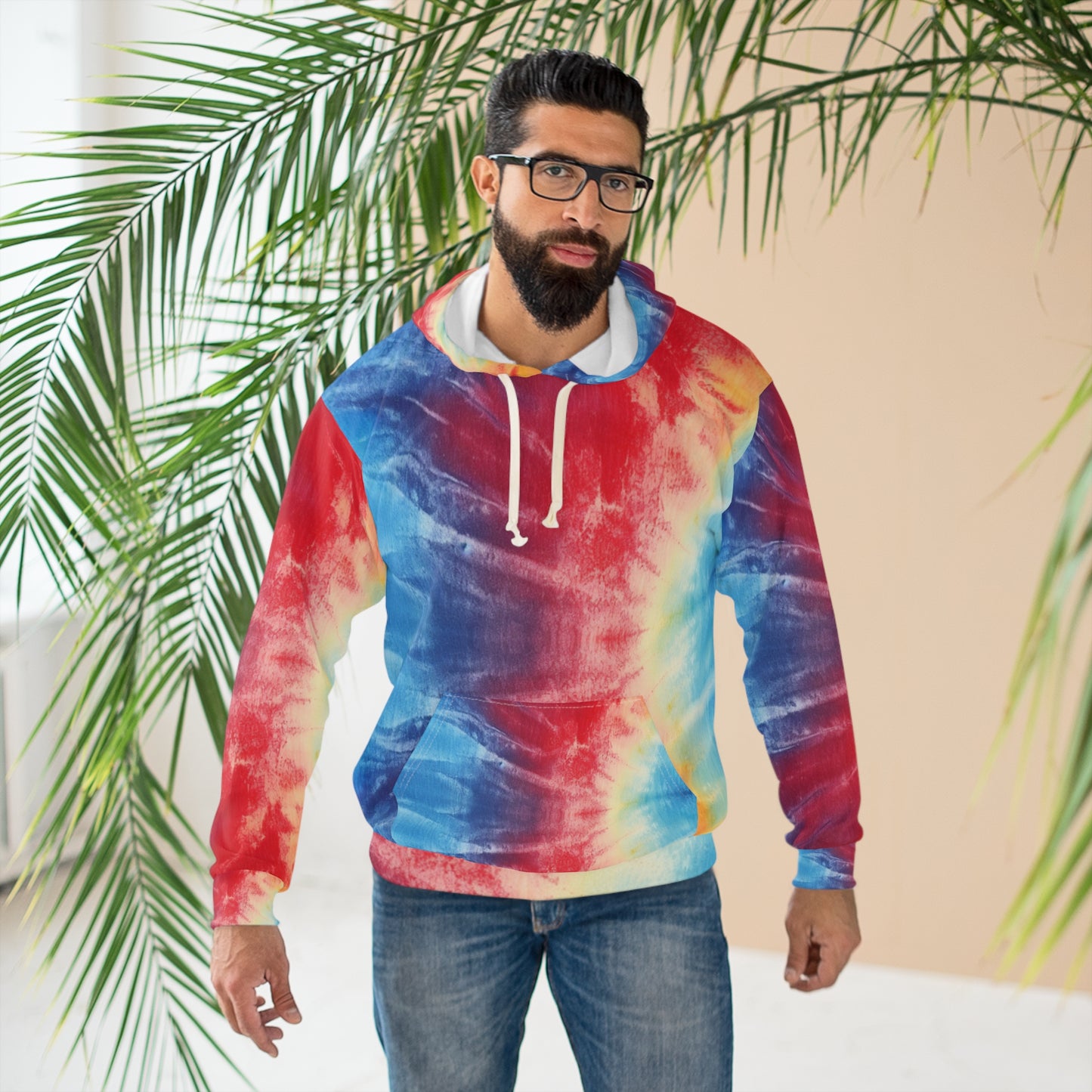 Rainbow Tie-Dye Denim: Espectáculo de diseño de tela multicolor vibrante - Sudadera con capucha unisex (AOP) 