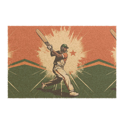 India Cricket Star: Batsman With Willow Bat, National Flag Style - Sport Game - Door Coir Mat