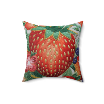 Berry Delight: Sun-Kissed Strawberries Fields Meet Embroidered Style Strawberry Patterns - Spun Polyester Square Pillow