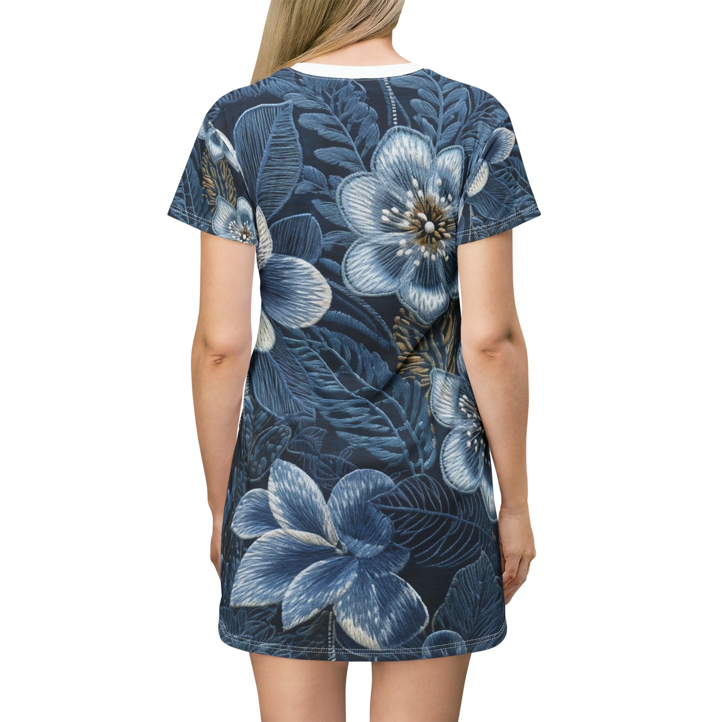 Flower Blossom Embroidery Floral on Denim Style - T-Shirt Dress (AOP)