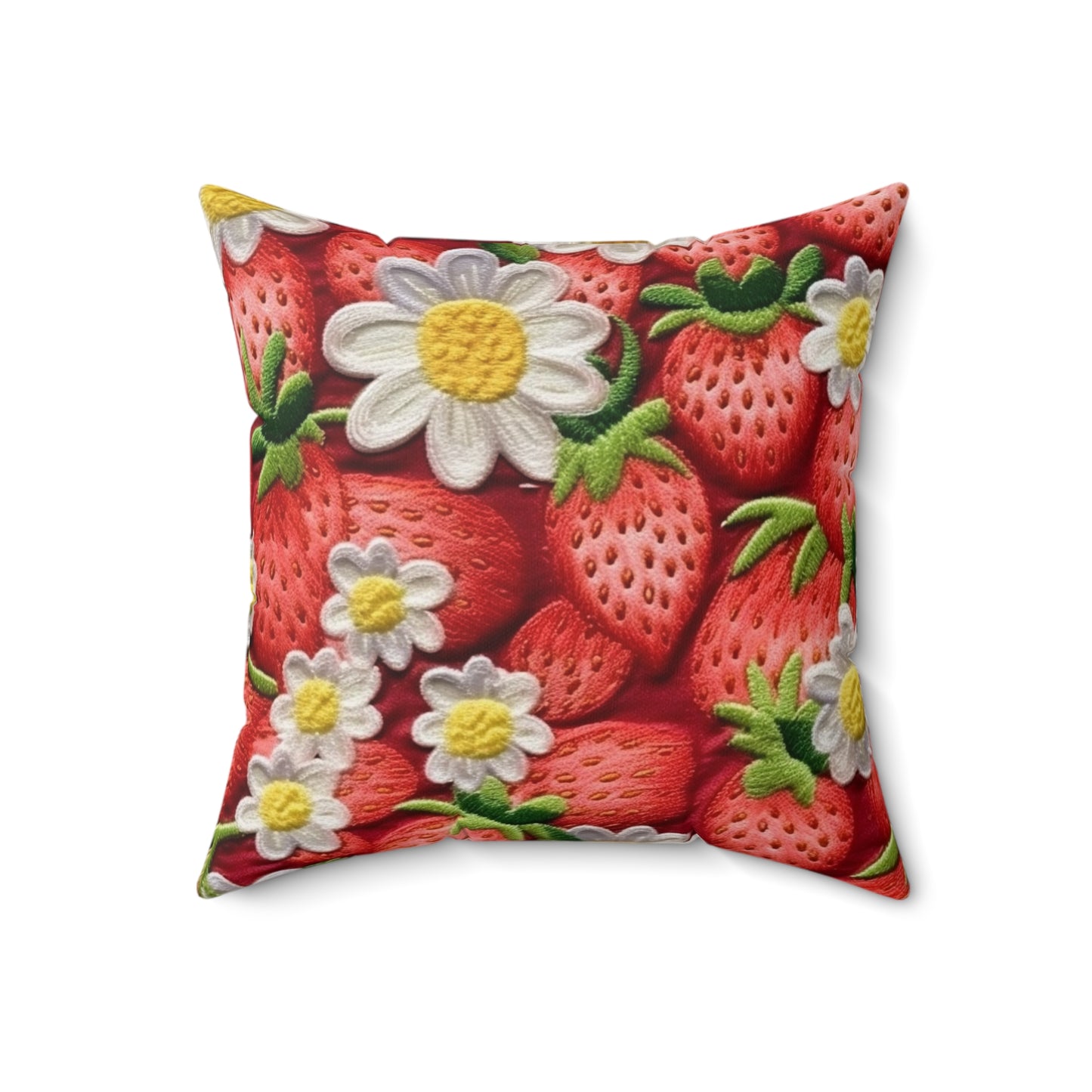 Strawberry Strawberries Embroidery Design - Fresh Pick Red Berry Sweet Fruit - Spun Polyester Square Pillow