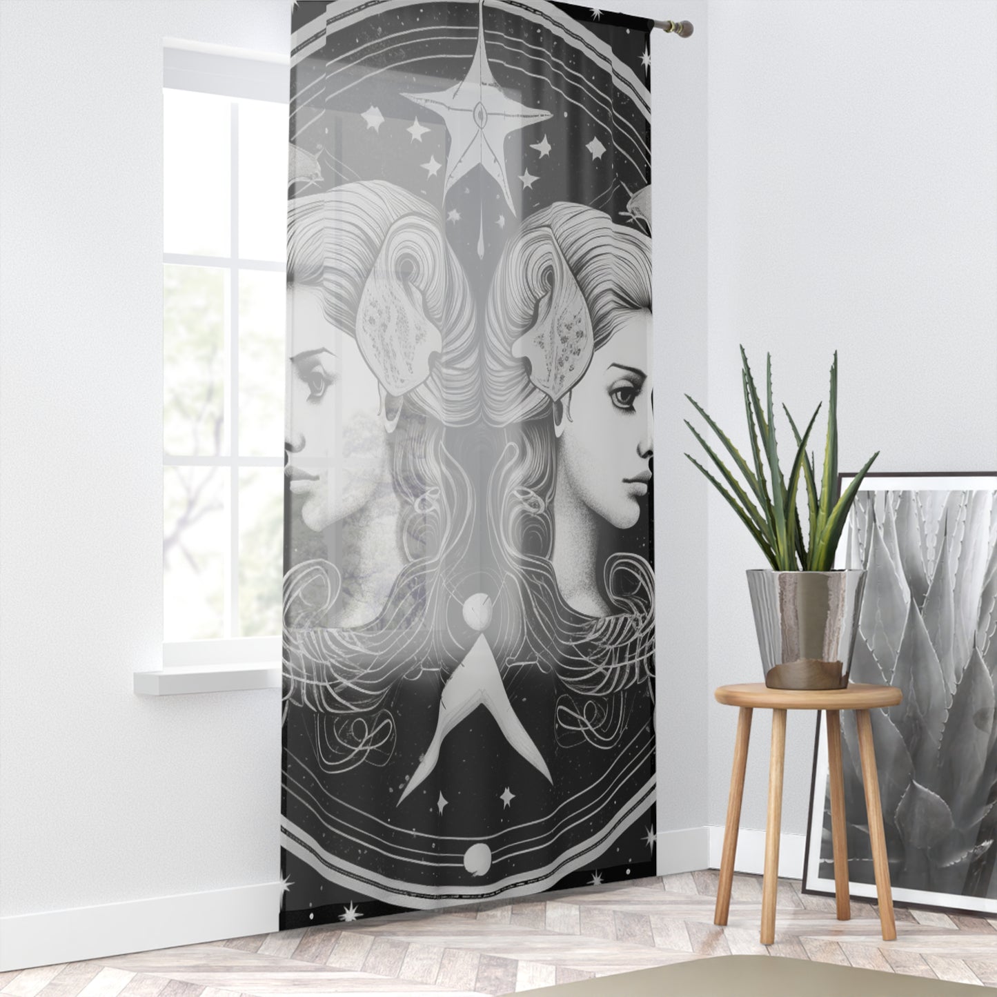 Cortinas fotográficas personalizadas Gemini, diseño de gemelos en blanco y negro, 100% poliéster, impresión a una cara