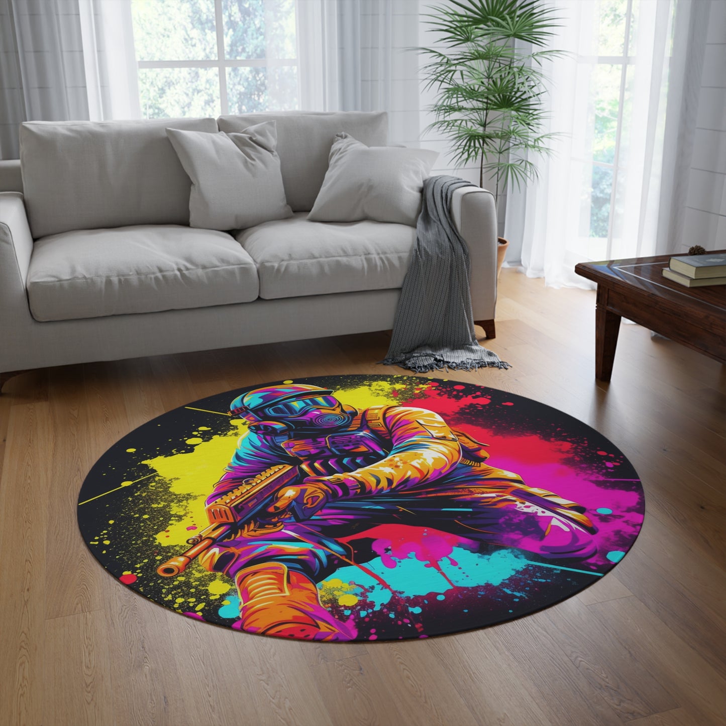 Paintball Action Sport: Player in Battle, Paint Splatter - Round Rug