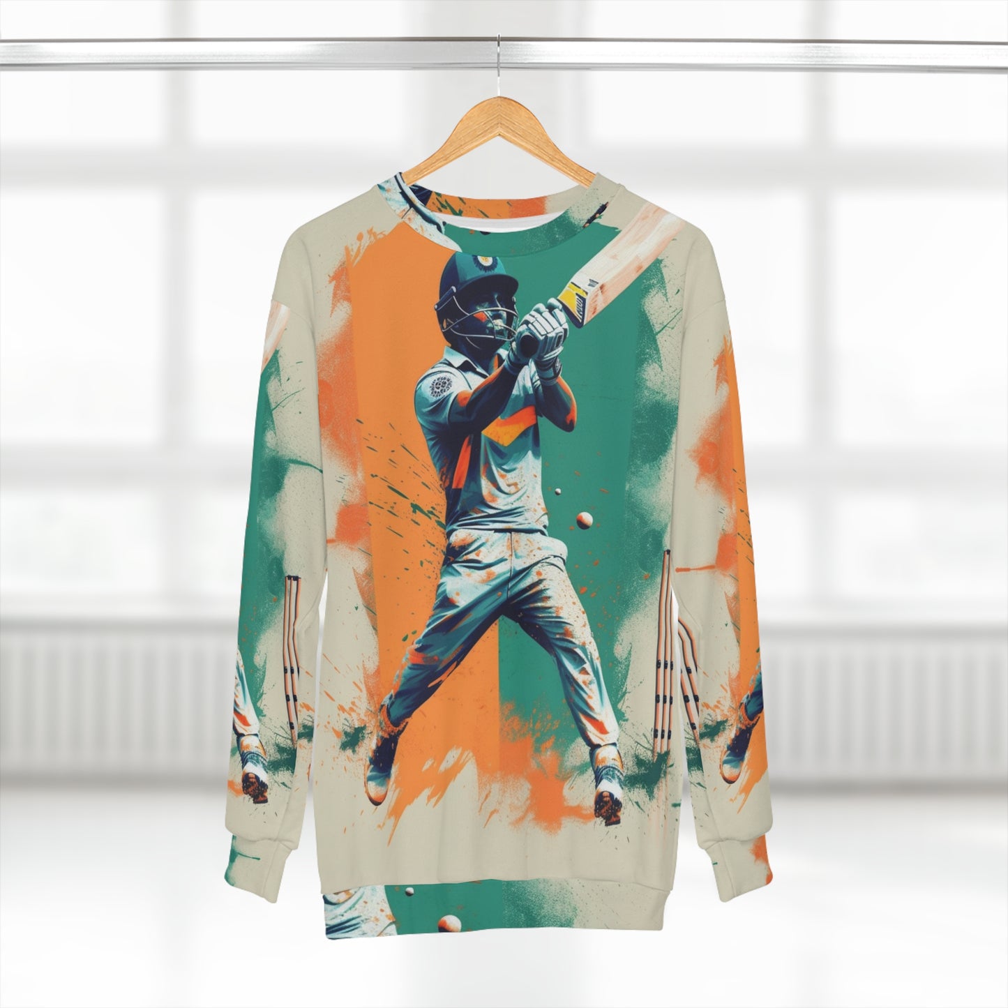 Cricket Batsman, Ball Strike, Indian Flag Color Background - Street Style - Unisex Sweatshirt (AOP)