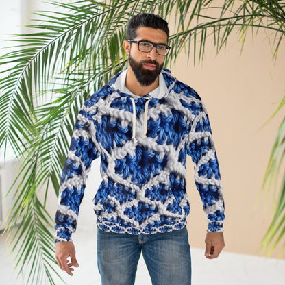 Blueberry Blue Crochet, White Accents, Classic Textured Pattern - Unisex Pullover Hoodie (AOP)