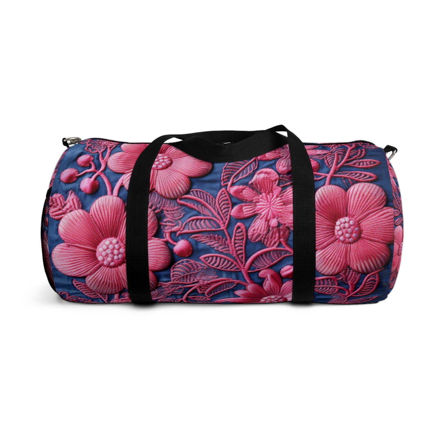 Denim Blue Doll Pink Floral Embroidery Style Fabric Flowers - Duffel Bag