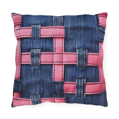 Candy-Striped Crossover: Pink Denim Ribbons Dancing on Blue Stage - Outdoor Pillows