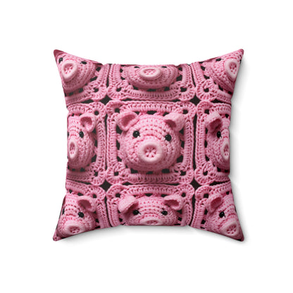 Crochet Pig Farm Animal Pink Snout Piggy Pattern - Spun Polyester Square Pillow