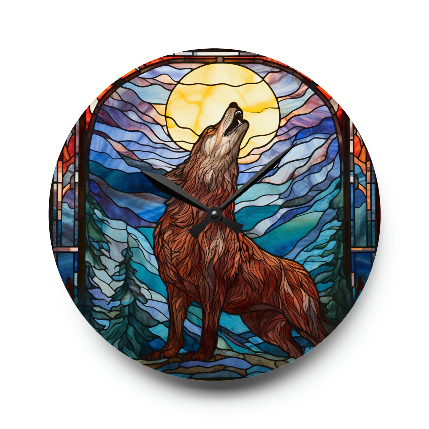 Stained Glass Howling Wolf Design - Acrylic Wall Clock