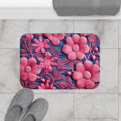 Denim Azul Muñeca Rosa Floral Bordado Estilo Tela Flores - Alfombra De Baño