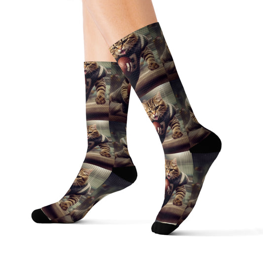 Football Field Felines: Kitty Cats in Sport Tackling Scoring Game Position - Sublimation Socks