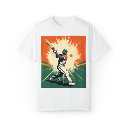 India Cricket Star: Batsman With Willow Bat, National Flag Style - Sport Game - Unisex Garment-Dyed T-shirt