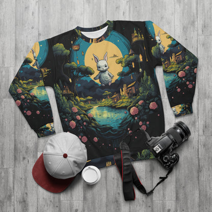 White Rabbit Mystery Psychedelic Fantasy Anime Cartoon Bunny - Sudadera unisex (AOP) 