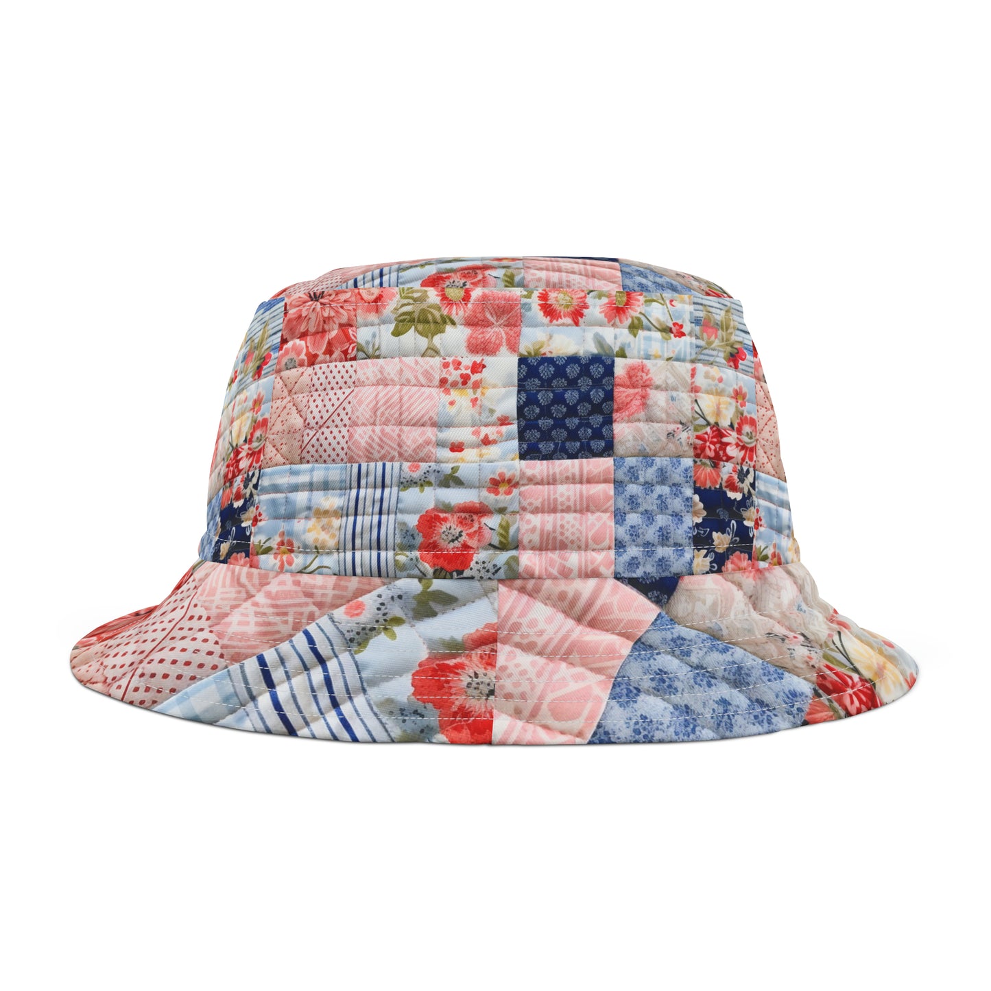 Floral Harmony Quilt, Blossom Patchwork, Blue and Pink Quilted Patterns, Garden Quilt, Soft Pastel Quilting Squares Design - Bucket Hat (AOP)