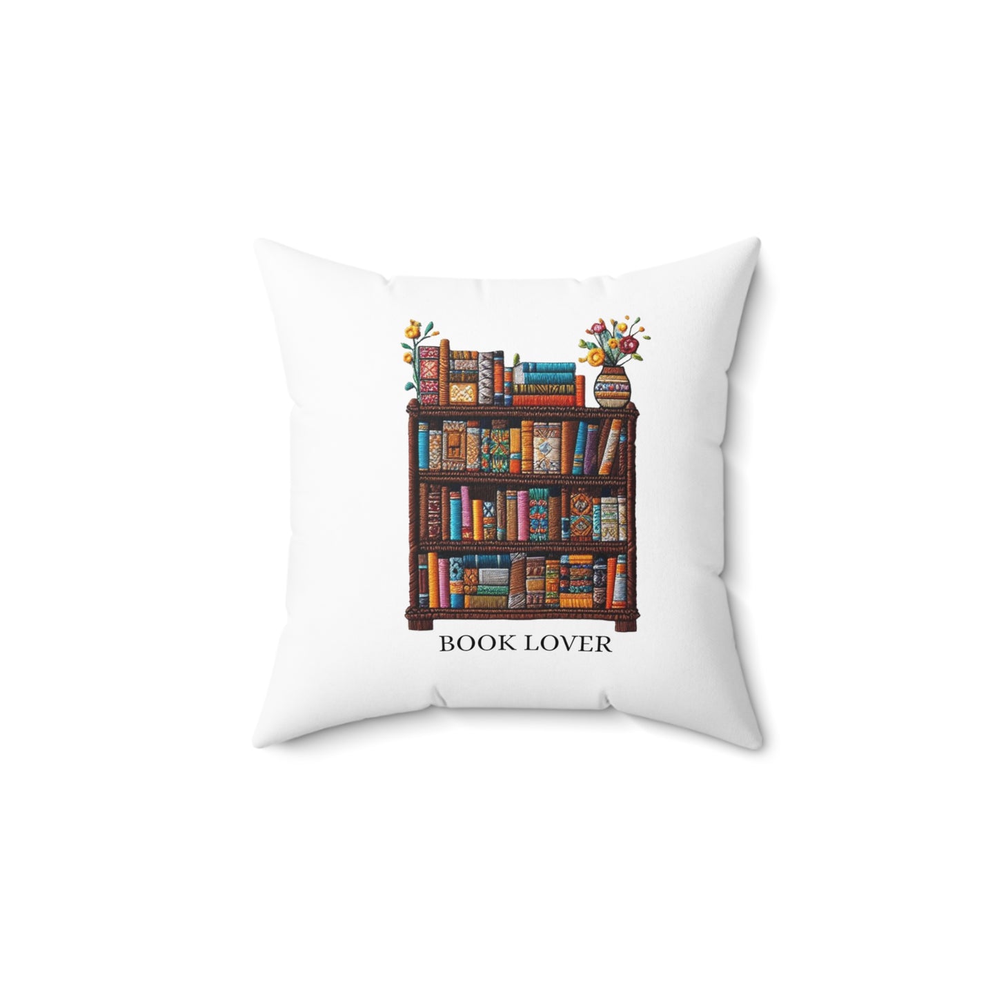 Crafted Book Lover Embroidery: Artisanal Bookshelf Design for Bibliophiles - Spun Polyester Square Pillow