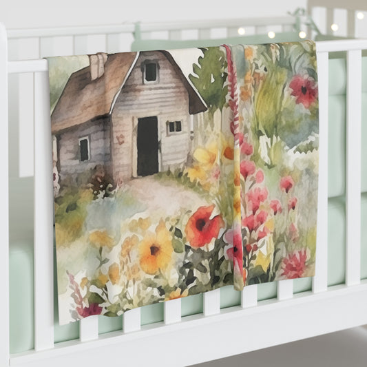 Country Wooden Houses with Flower Blooms - Cottagecore Floral Design - Outdoor Style - Baby Swaddle Blanket