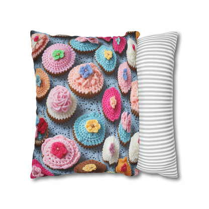 Crochet Cupcake Treat Frosted Cake Dessert Bakery Design - Spun Polyester Square Pillow Case