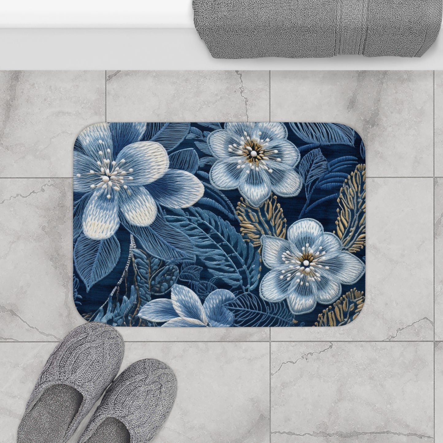 Bordado de flores en flor floral en estilo denim - Alfombra de baño